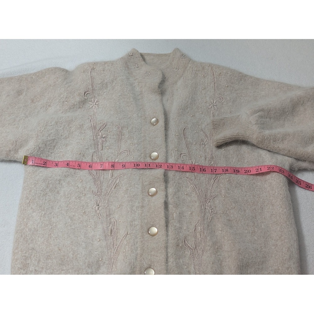 Vtg Venesha Angora Sweater Cardigan Large Pale Pink Fuzzy Pearl Beaded Preppy - Picture 13 of 15